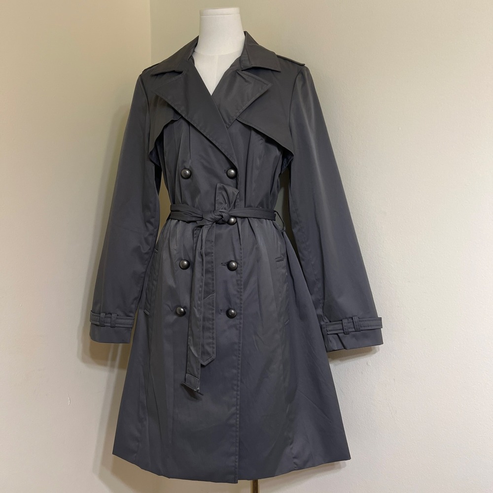 Mossimo Womens XL Gray Double Breasted Trench Coat Belted Mid Length Jacket